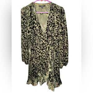 Alex Marie Moss Velvet Burnout Leopard Print Lined Ruffle Wrap Dress, Size 4